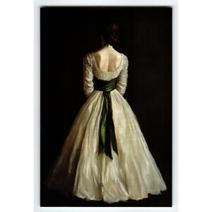 Photochrome Vintage Postcard Woman in Elegant Dress with Green Sash